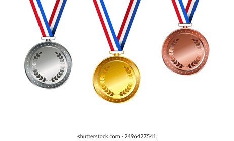 Medallas de oro, plata, bronce realistas del premio del deporte con el sistema tricolor de la cinta aislado en el fondo blanco con el área del texto - concepto del espacio de la copia del ganador