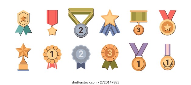 Medalhas de ouro, prata e bronze de troféus realistas com fitas, símbolos de prêmio vencedor isolado. Distintivos de premiação de metal vetorial, certificado de qualidade e prêmios para o primeiro lugar no concurso