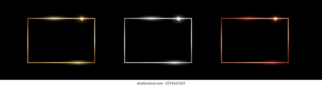 Gold, silver and bronze rectangle frames. Metal thin photo or picture frames isolated on black background. 3d realistic empty template vector illustration set. Simple object mockup.