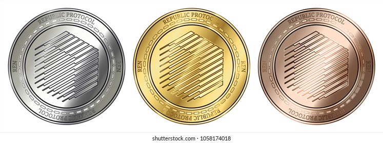 Gold, silver and bronze Republic Protocol (REN) cryptocurrency coin. Republic Protocol (REN) coin set.