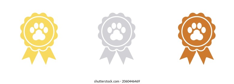 Gold, silver and bronze ribbon award dog rosettes for 1st, 2nd, and 3rd place winners with a dog's paw print in the center. Vector illustration isolated on white background.