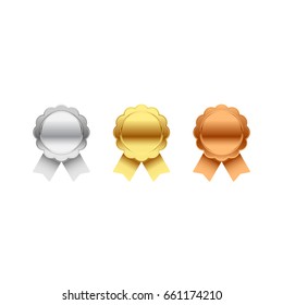 Gold, silver and bronze ribbon badges. Glow effect vector. Isolated.