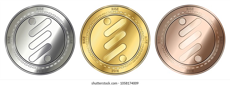 Gold, silver and bronze Rise (RISE) cryptocurrency coin. Rise (RISE) coin set.