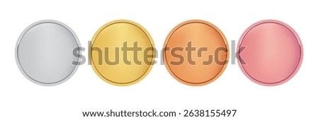 Gold, Silver, Bronze, and Rose Blank Medals – 3D Vector Award Badge Set for First, Second, Third Place and Quality Emblems