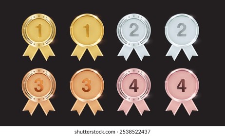 Gold, Silver, Bronze, and Rose Gold Medal Vectors: First, Second, Third Place Badges with Ribbons and Olive Branches. Vector.