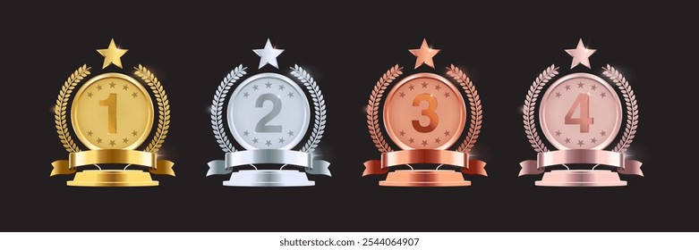 Gold, Silver, Bronze, and Rose Gold Medal Vectors: First, Second, Third Place Badges with Ribbons, Podium and Olive Branches. Vector.