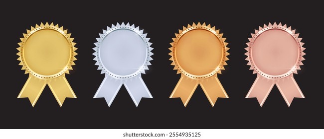 Gold, Silver, Bronze, and Rose Gold Medal Set Vector. Realistic Trophy and Metal Reward Badge Collection for Winners and Certificates. Vector.