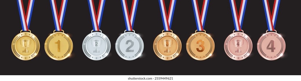 Gold, Silver, Bronze, and Rose Gold Medal Illustrations: Realistic Vector Art for Sports Competitions - First, Second, Third, and Fourth Place Awards for Championship Achievements