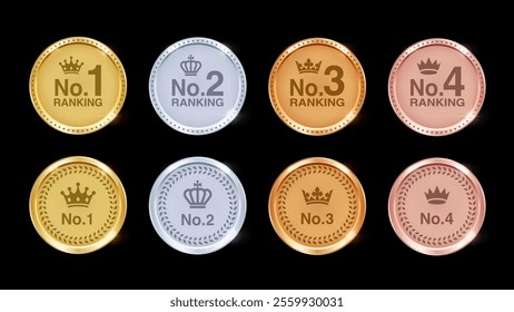 Gold, Silver, Bronze and Rose Gold Medal Set. Champion Trophy Awards with Numbers, Crown and Laurel. Sports Prizes for 1st, 2nd, 3rd and 4th Place on White Background. Vector.