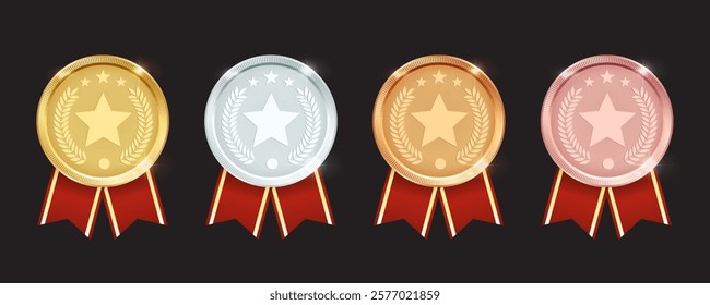 Gold, Silver, Bronze, and Rose Gold Medal Set. Trophy Collection for First, Second, Third, and Fourth Prizes. Star Metal Reward Badges for Winners and Certificates. Vector.