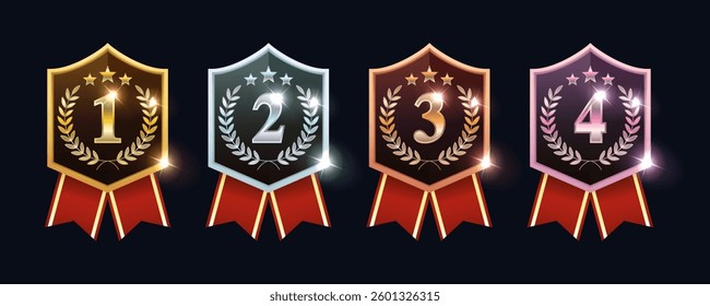 Gold, Silver, Bronze and Rose Gold Medal Badges: First to Fourth Place Designs with Ribbons and Laurel Wreaths. Vector.