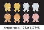 Gold, Silver, Bronze, Rose Gold Medals with Ribbons. First, Second, Third Place Awards. Sport and Movie Championship. Vector Illustration