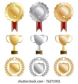 gold, silver and bronze rosettes and trophies isolated on white