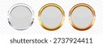 Gold Silver and Bronze Round Button Frames – 3D Glossy Metallic Circle UI UX User Interface Borders Isolated on Transparent Background Vector Illustration
