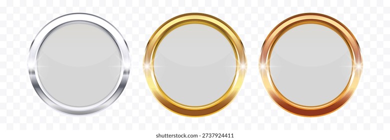 Gold Silver and Bronze Round Button Frames – 3D Glossy Metallic Circle UI UX User Interface Borders Isolated on Transparent Background Vector Illustration