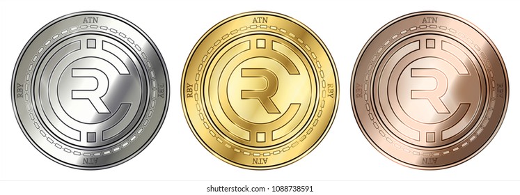Gold, silver and bronze Rubycoin (RBY) cryptocurrency coin. Rubycoin (RBY) coin set.