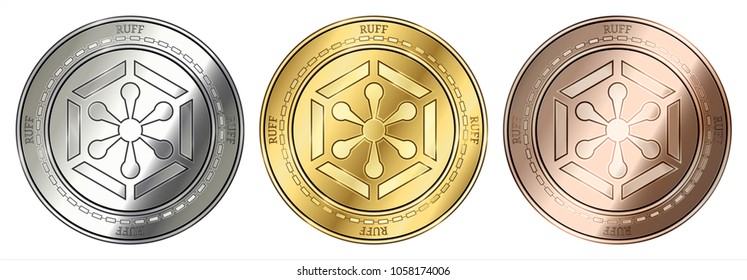 Gold, silver and bronze Ruff (RUFF) cryptocurrency coin. Ruff (RUFF) coin set.