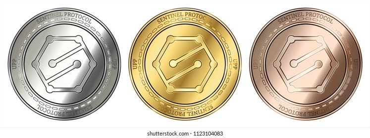 Gold, silver and bronze Sentinel Protocol (UPP) cryptocurrency coin. Sentinel Protocol (UPP) coin set.