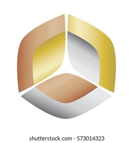 Gold silver and bronze shaded 3d cube with dimension and perspective. Metallic vector logo design.