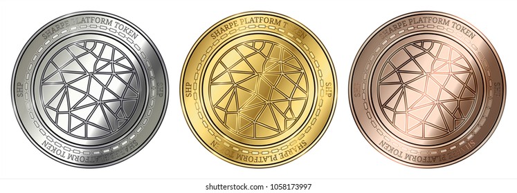 Gold, silver and bronze Sharpe Platform Token (SHP) cryptocurrency coin. Sharpe Platform Token (SHP) coin set.