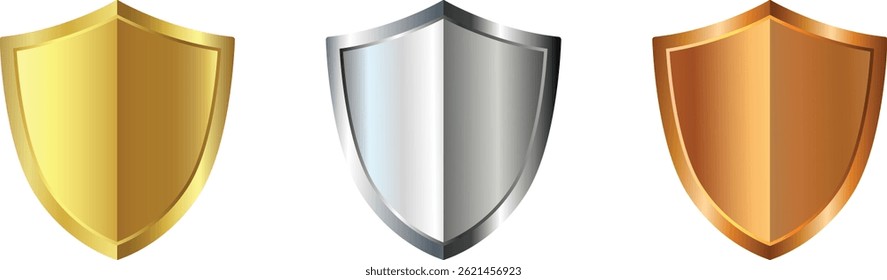 Icono de escudo dorado, plateado y bronce Símbolo de protección y Vector de seguridad Gráficos