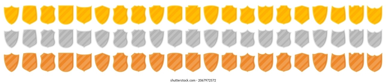 Gold, silver and bronze shields set. Collection of security shield icons with light reflection and shadow in flat style. Design elements for concept of safety and protection. Vector illustration.