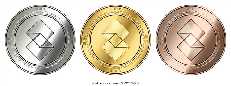 Gold, silver and bronze Shift (SHIFT) cryptocurrency coin. Shift (SHIFT) coin set.