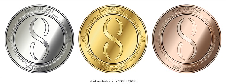 Gold, silver and bronze SingularityNET (AGI) cryptocurrency coin. SingularityNET (AGI) coin set.