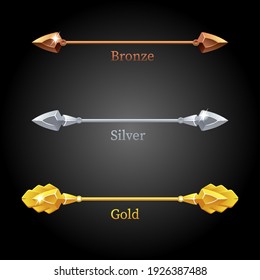 Gold, Silber, Bronzespeare für die Flagge. Vektorgrafik isoliert alten Speer verschiedene Symbole.