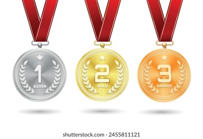 Gold silver bronze sport trophy medals. Winners ceremony place medal set isolated vector illustration