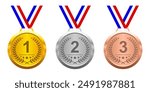 Gold Silver Bronze sports medals with ribbon