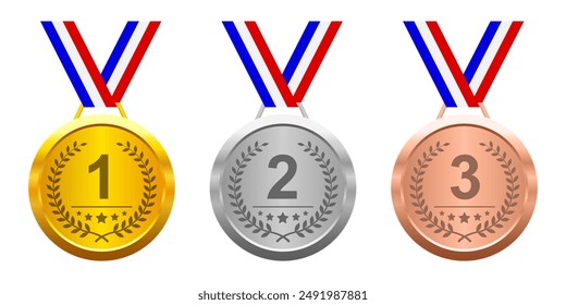 Gold Silver Bronze sports medals with ribbon