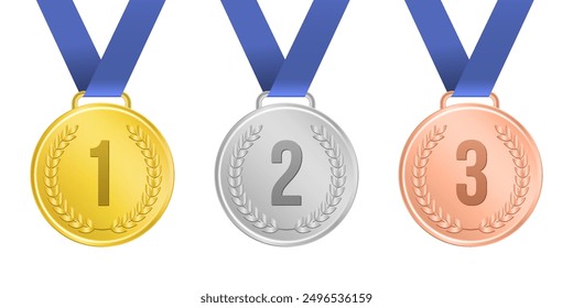 Gold Silver Bronze sports medals set with ribbon