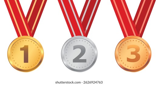 Gold, silver, bronze sports medals with red ribbon isolated on white background. Vector illustration