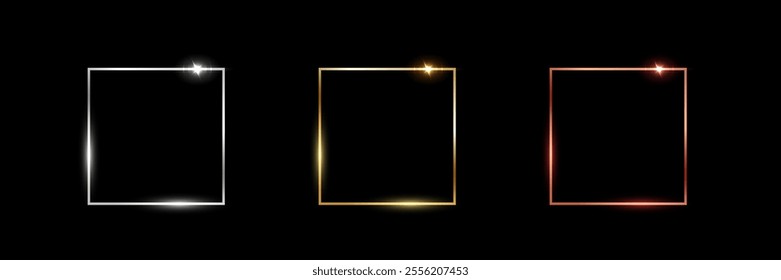 Gold, silver and bronze square frames. Metal thin photo or picture frames isolated on black background. 3d realistic empty template vector illustration set. Simple object mockup.