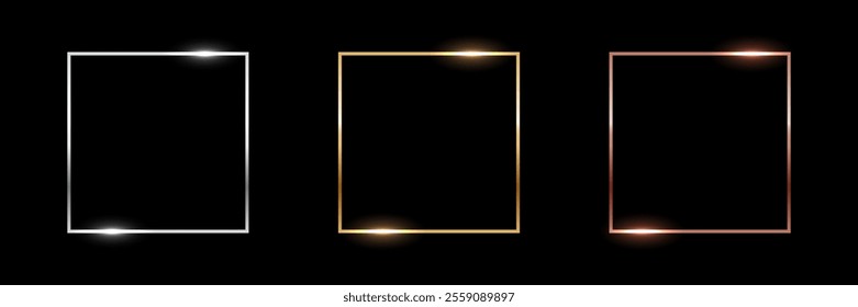 Gold, silver and bronze square frames. Metal thin photo or picture frames isolated on black background. 3d realistic empty template vector illustration set.