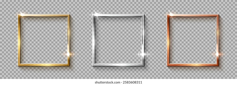 Gold, silver and bronze square frames. Metal thin photo or picture frames isolated on transparent background. 3d realistic empty template vector illustration set. Simple object mockup.