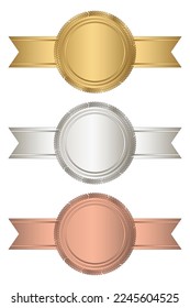 Gold, silver, and bronze stamp with horizontal ribbons. Luxury seal. Blank seal. Vector illustration