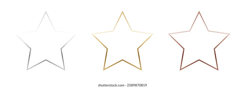 Gold, silver and bronze star frames. Metal thin photo or picture frames isolated on transparent background. 3d realistic empty template vector illustration set.