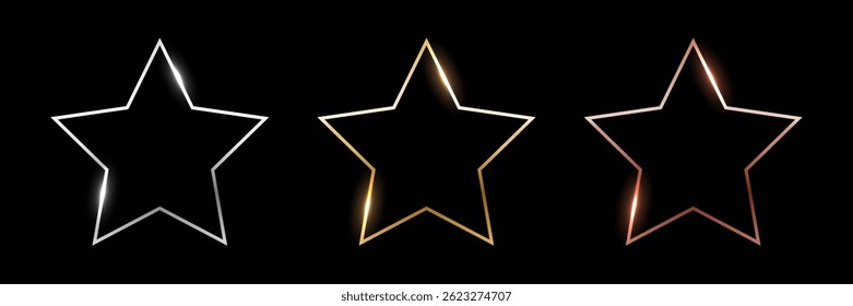 Gold, silver and bronze star frames. Metal thin photo or picture frames isolated on black background. 3d realistic empty template vector illustration set.