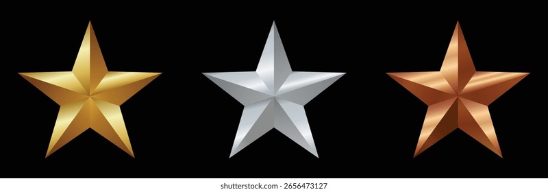 Estrella de oro, plata y bronce aislada sobre fondo negro Vector EPS 10 Ilustración de stock