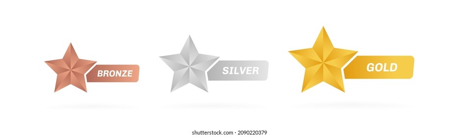 Gold silver and bronze star label. Customer product rating review. Modern vector illustration.