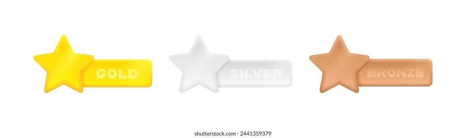 Gold silver and bronze star label in 3d style with glowing effect. Customer reviews rating about the product. Design concept of rating, award and feedback. Vector illustration.