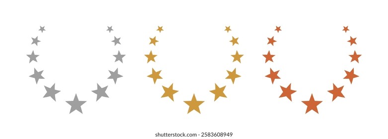 Gold, silver, bronze star laurel wreaths. Winner medal award set vector illustration. Victory symbol, triumph emblem, champion prize isolated on transparent background.