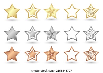 Gold Silver and Bronze star. Realistic stars. Star icon set vector illustration