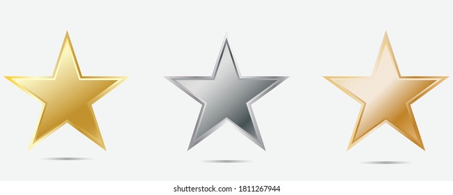 Gold, silver, bronze stars. Set of stars isolated on white background. Vector illustration.Three stars in metallic colors.