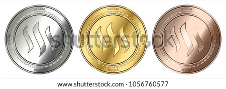 Gold, silver and bronze Steem (STEEM) cryptocurrency coin. Steem (STEEM) coin set.