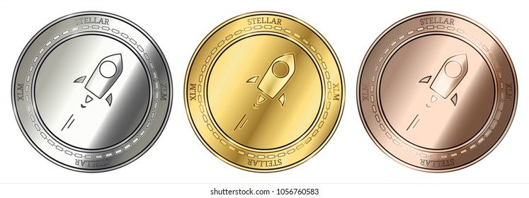 Gold, silver and bronze Stellar (XLM) cryptocurrency coin. Stellar (XLM) coin set.