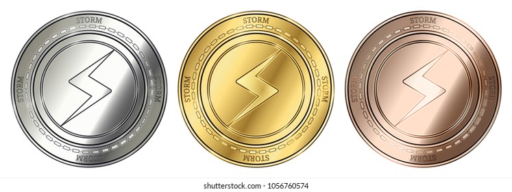 Gold, silver and bronze Storm (STORM) cryptocurrency coin. Storm (STORM) coin set.