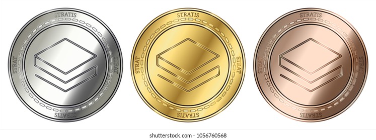 Gold, silver and bronze Stratis (STRAT) cryptocurrency coin. Stratis (STRAT) coin set.